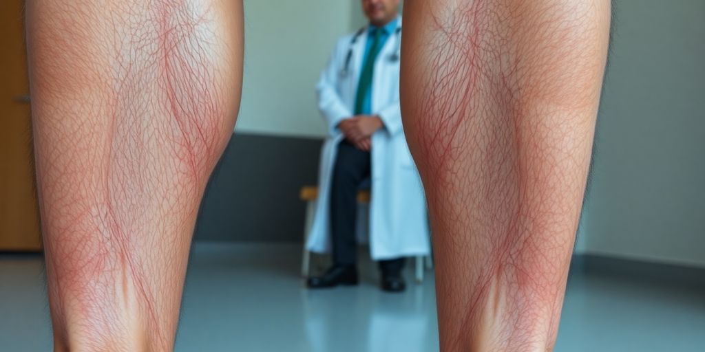 Legs with visible veins, doctor consulting patient.
