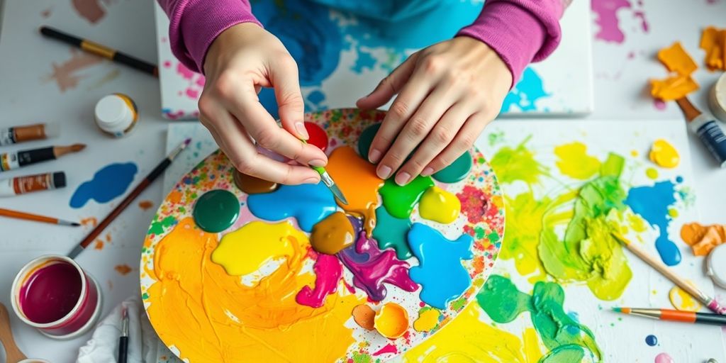 Colorful paints, brushes, canvas, hands creating art.