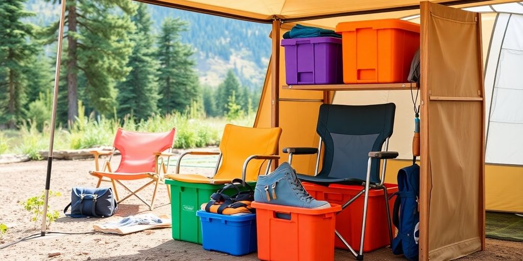 Camping chairs stored neatly in colorful bins outdoors.