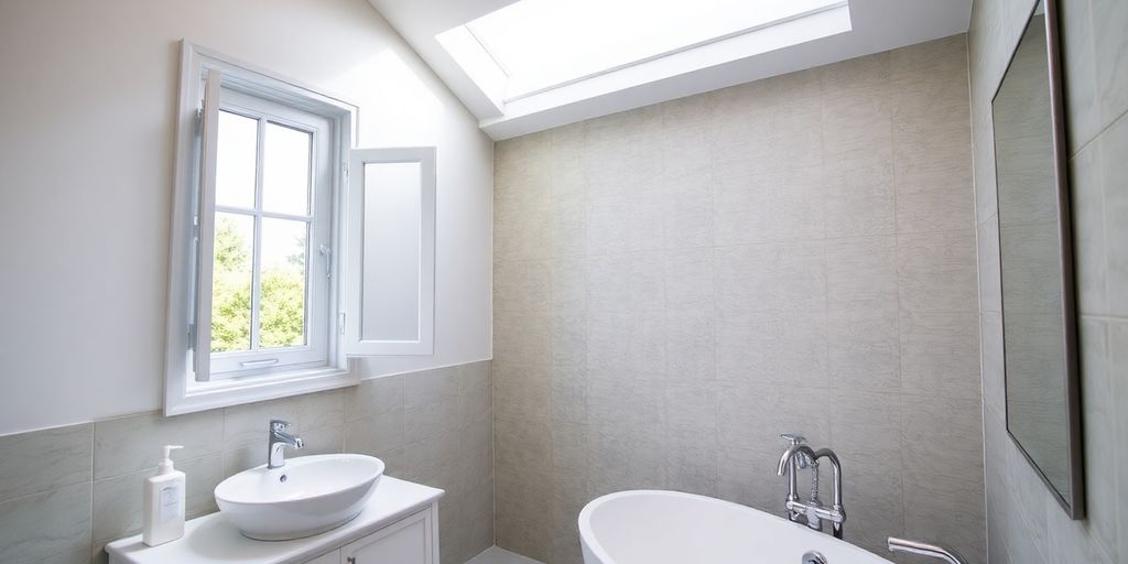 Modern bathroom with bright lighting and open ventilation.