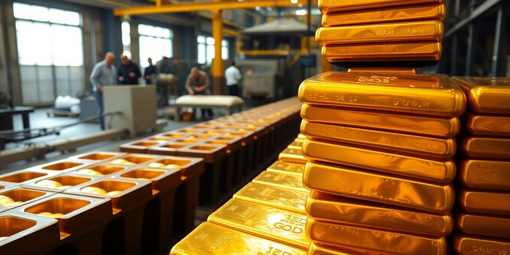 Lingots d'or brillants dans une usine de raffinage.