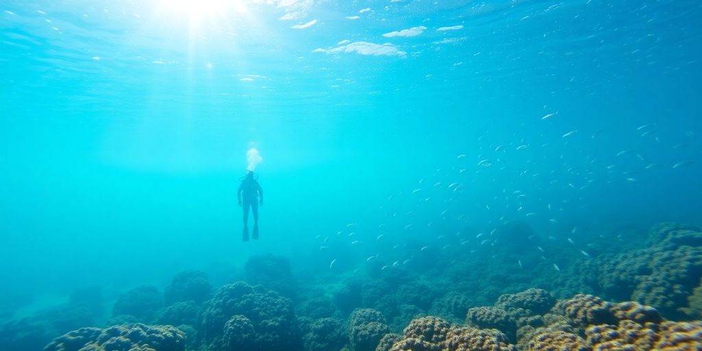 Vibrant coral reef teeming with colorful fish and a diver.