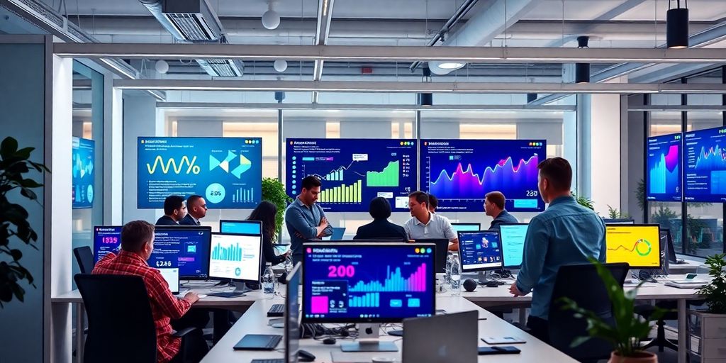 Profissionais de marketing digital em ambiente moderno.