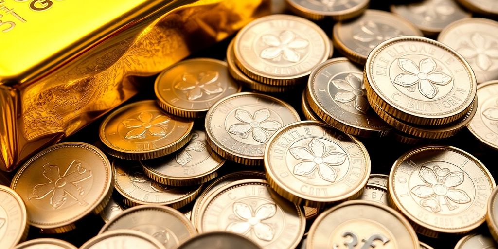 Pièces d'argent et lingots d'or.