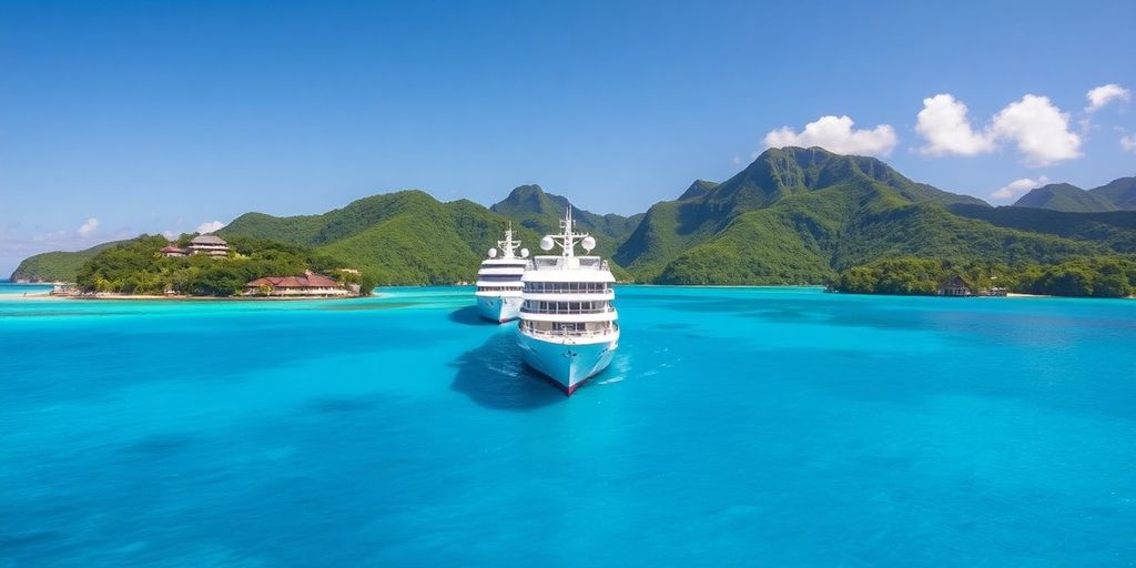 Paul Gauguin cruise ship in a tropical lagoon.