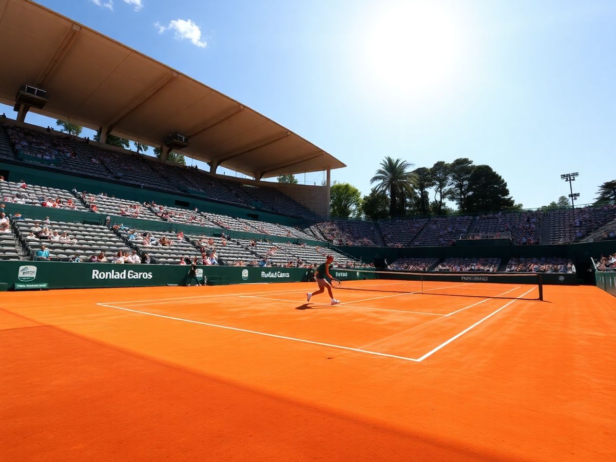 Teren de zgură la Roland Garros cu un jucător în acțiune.
