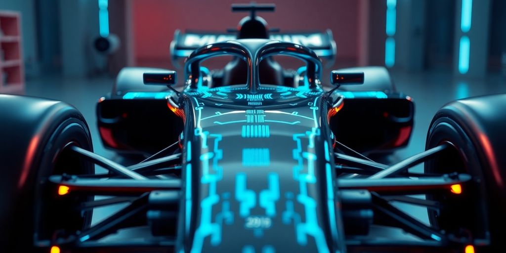 Sleek F1 car, glowing circuits.