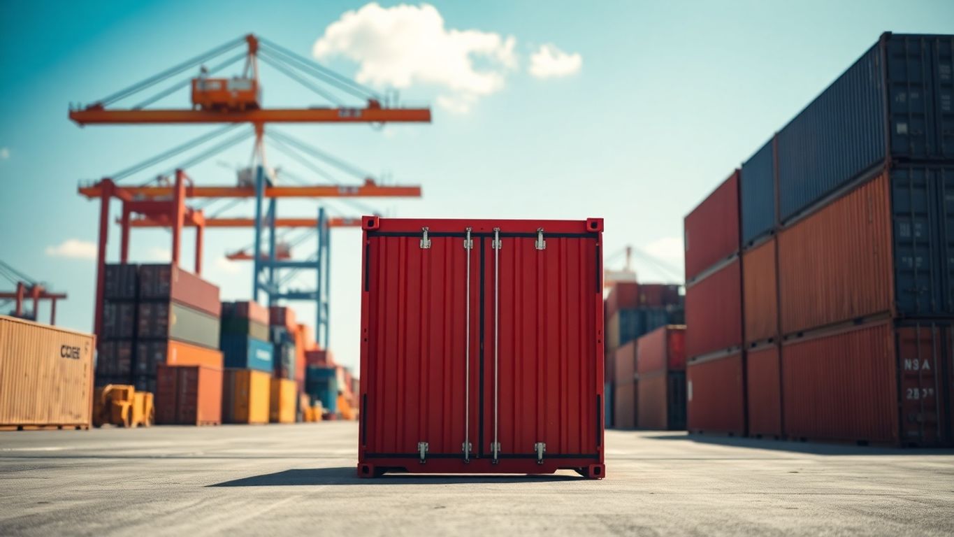 Twenty-foot shipping container in a port, sunny day.