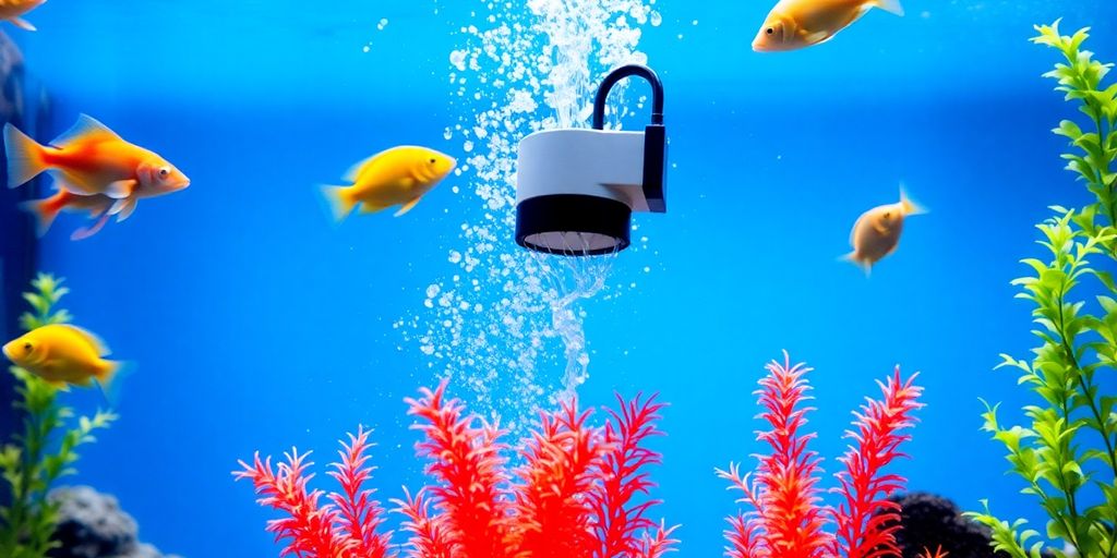 Cabeza de potencia de acuario con peces y plantas en el agua.