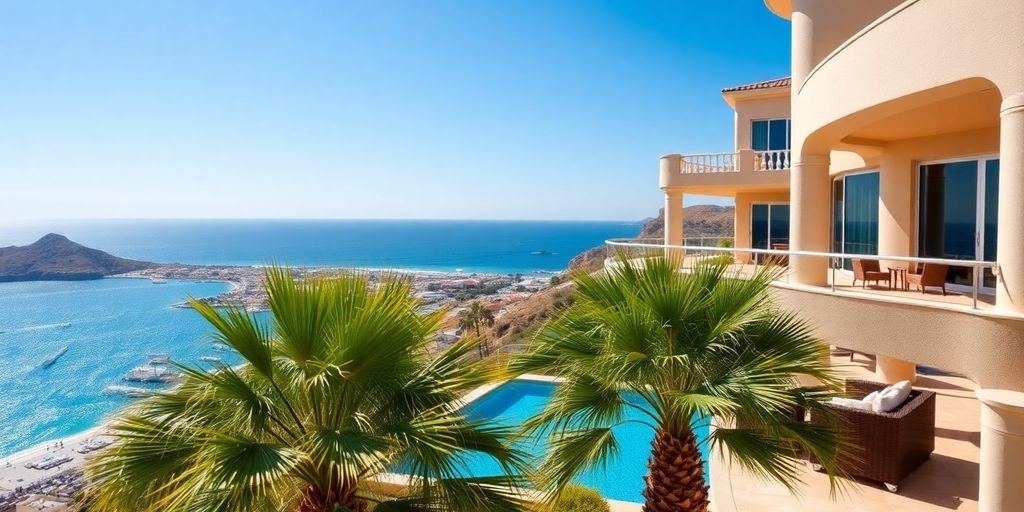 Luxury Cabo villa, downtown view, sunny day.