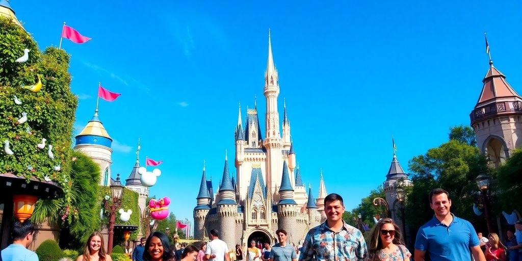 Cena mágica na Disney com atrações e personagens felizes.