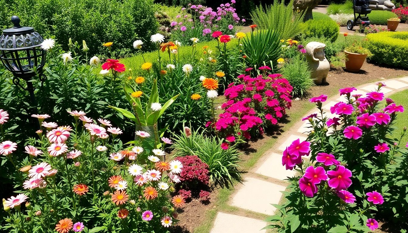 Vibrant garden with flowers, greenery, and a pathway.