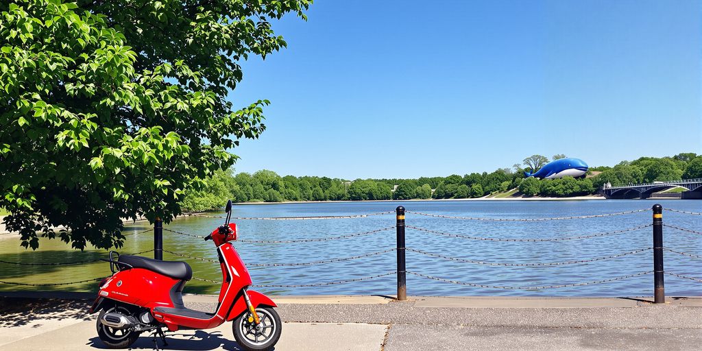 Red scooter parked near river with Blue Whale in distance
