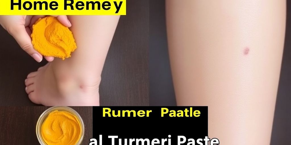 Turmeric paste applied to legs with black spots.