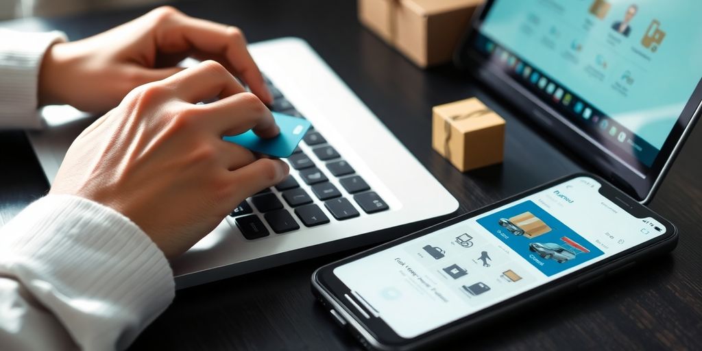 Manos usando tarjeta de crédito, paquetes de entrega