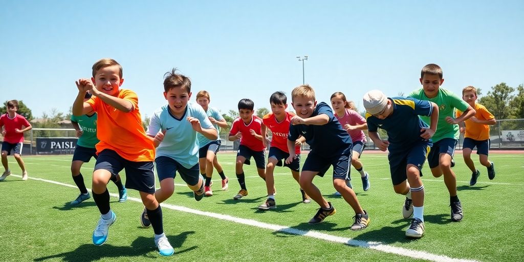 Young athletes training on a green field with determination.