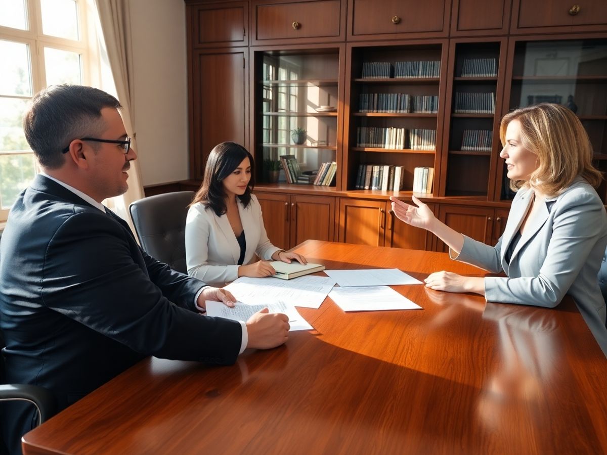 Doi părinți vorbind cu un avocat în birou.