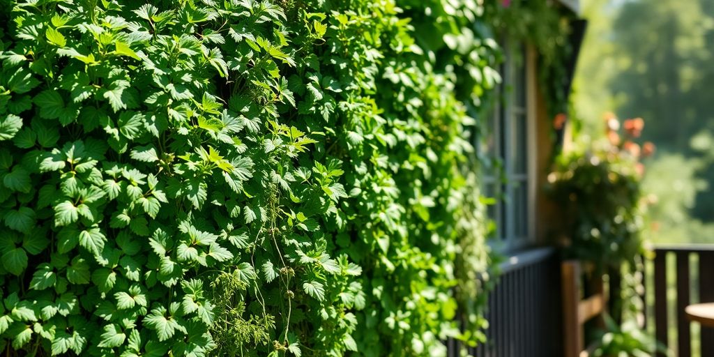 Grüne Kräuterwand am Balkon mit Sichtschutz.