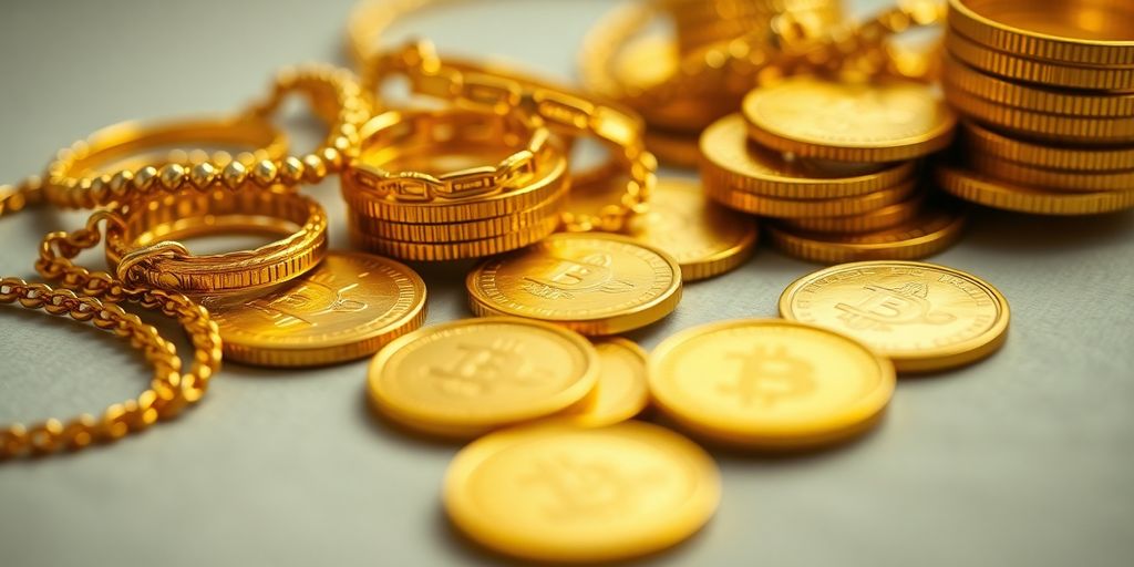 Bijoux en or et pièces sur fond neutre.