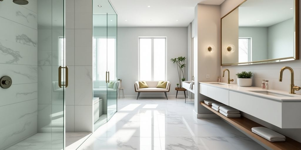 Renovated bathroom with modern fixtures and elegant design.