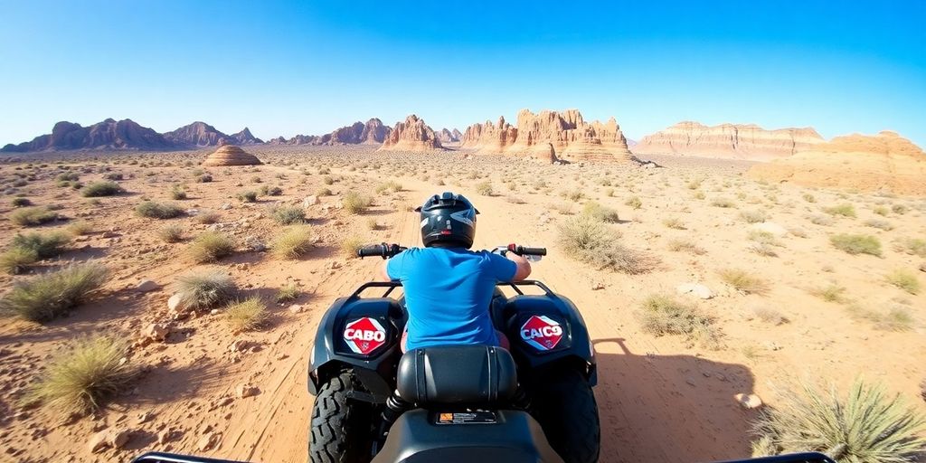 ATV riding in rugged Cabo terrain with desert scenery.