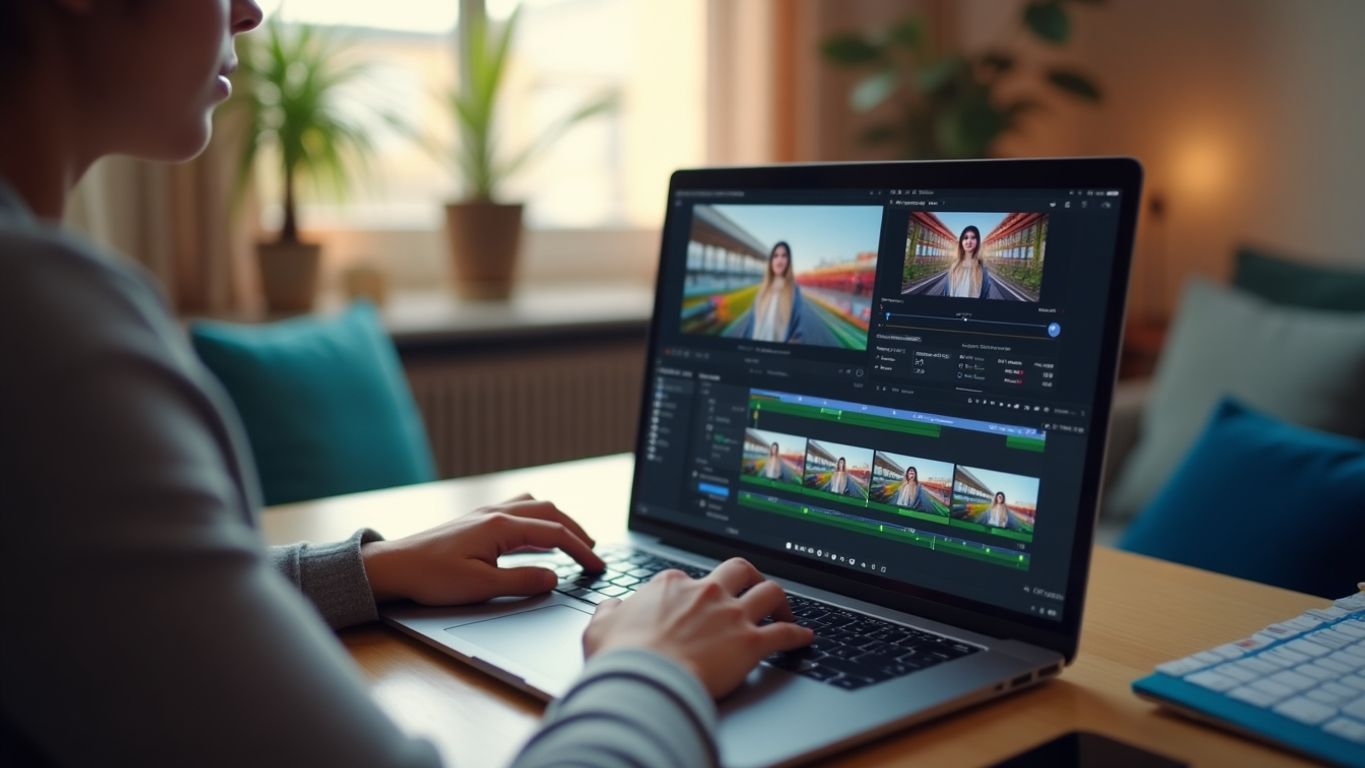 Beginner editing videos with AI software on a laptop.