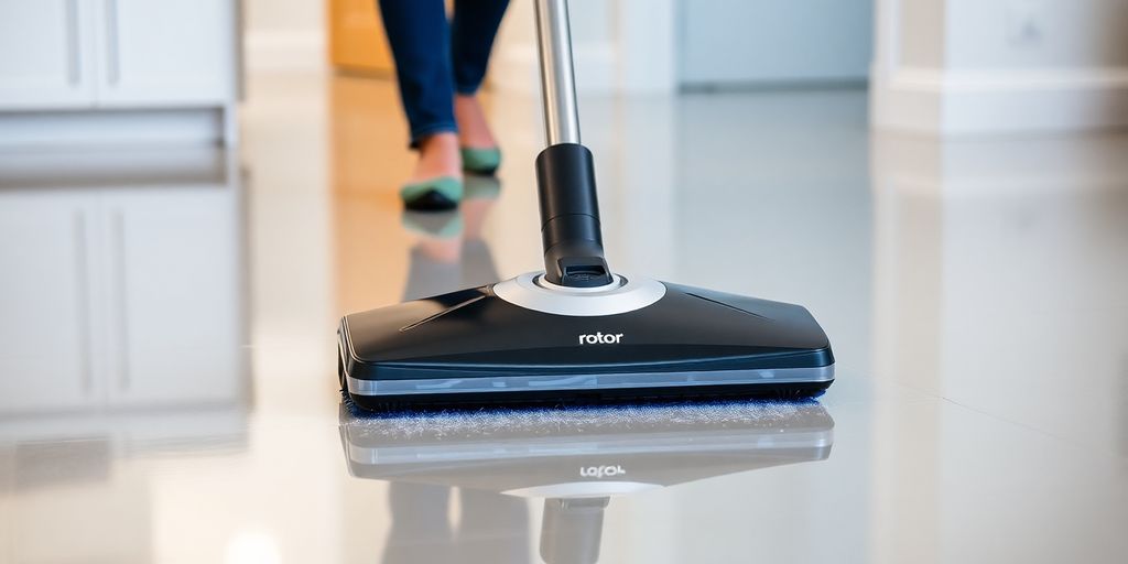 Cordless RotoSweep hard floor sweeper in action on floor.