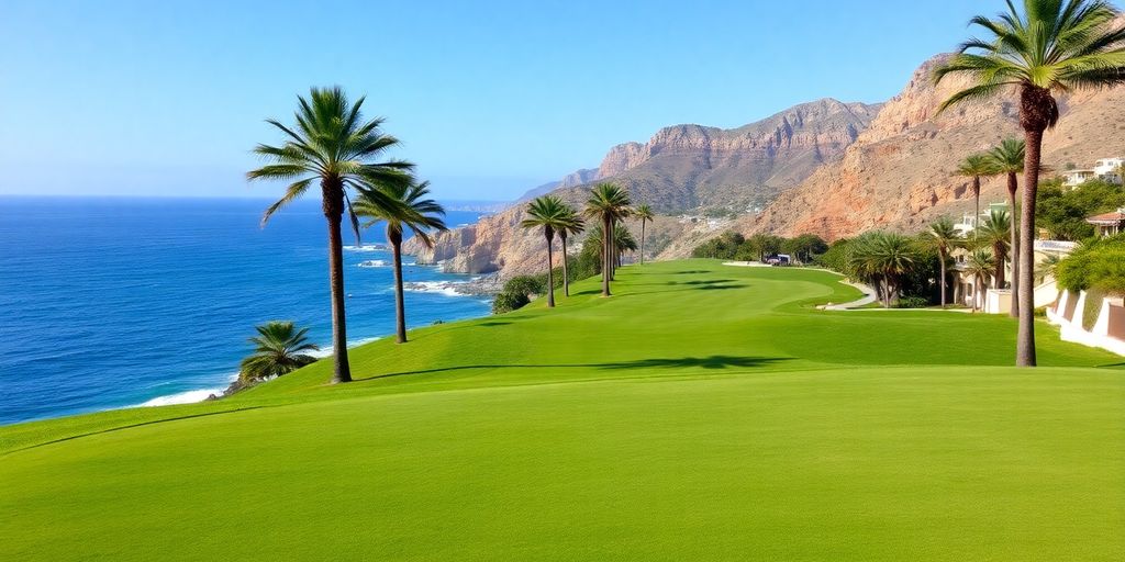 Lush green fairway meets blue ocean under a bright sky at a Cabo golf course.