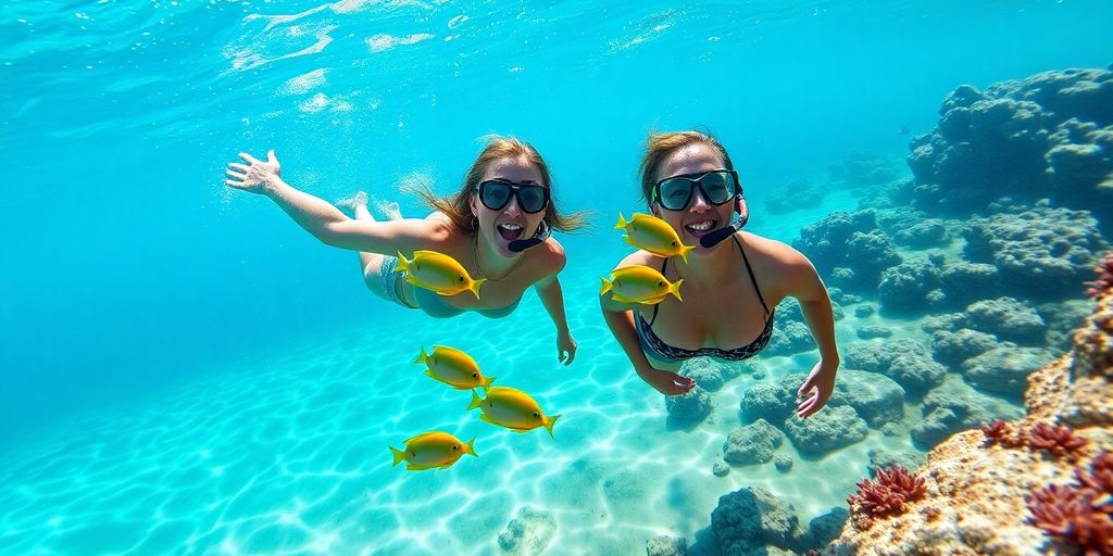 Two people snorkeling near colorful fish in clear Cabo waters.