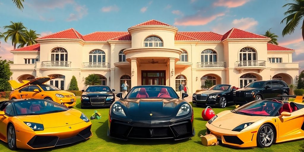 Luxurious mansion with expensive cars, reflecting MrBeast's wealth.