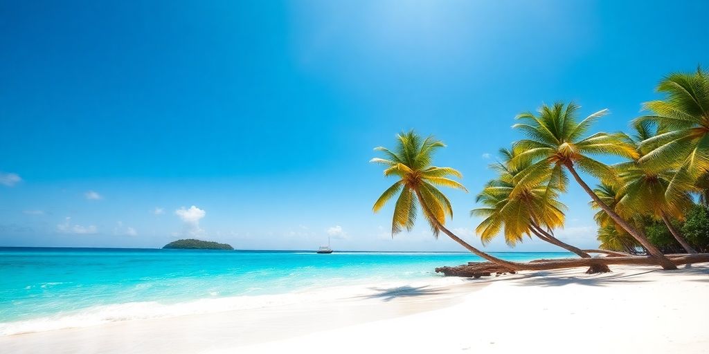 Praia caribenha com águas azuis e areia branca.