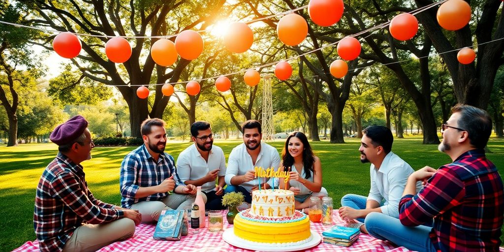 Fiesta de cumpleaños en un parque con decoración colorida.
