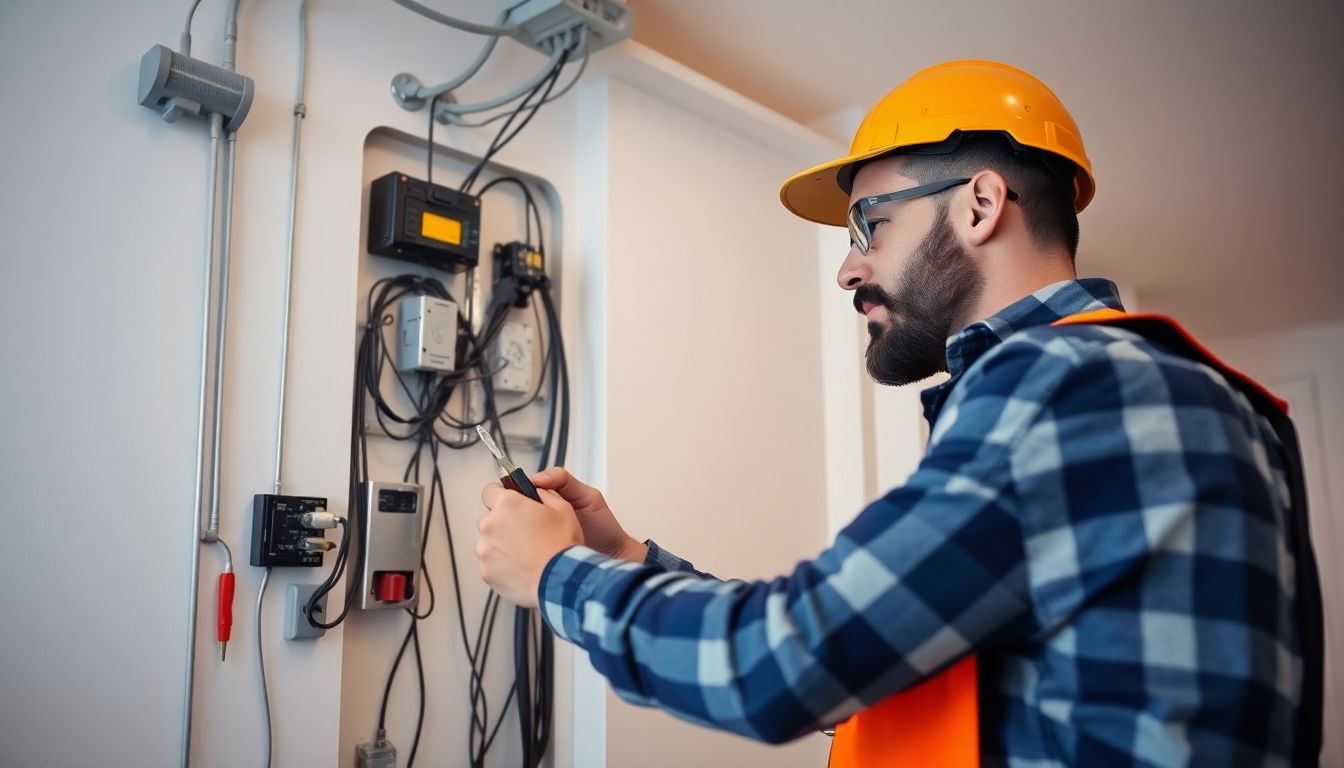 Electrician inspecting wiring in a London apartment.