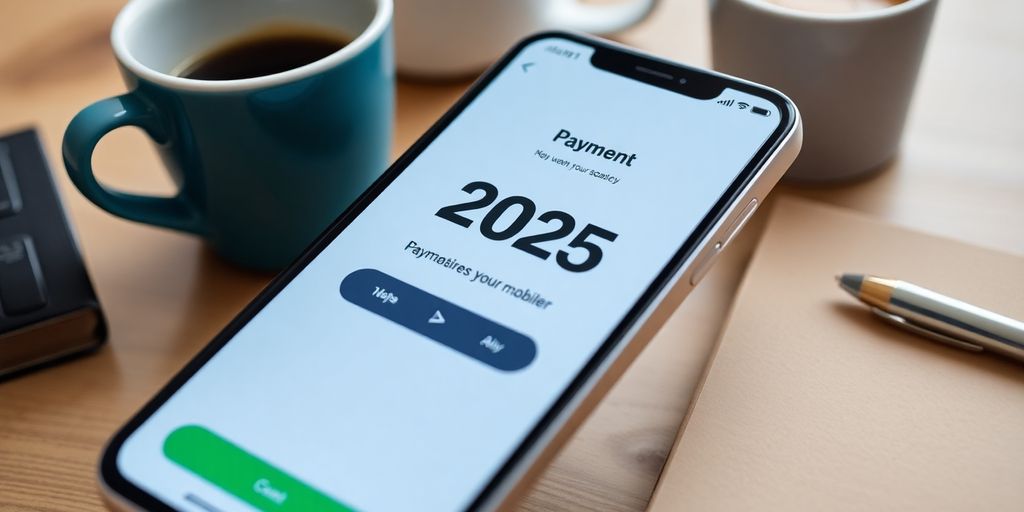 Smartphone with payment app in a cozy workspace.
