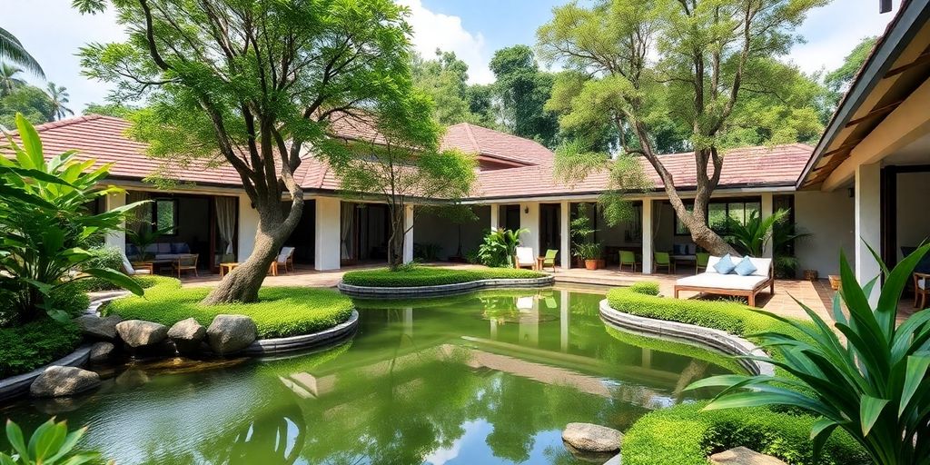 Serene therapy center in Thailand surrounded by greenery.