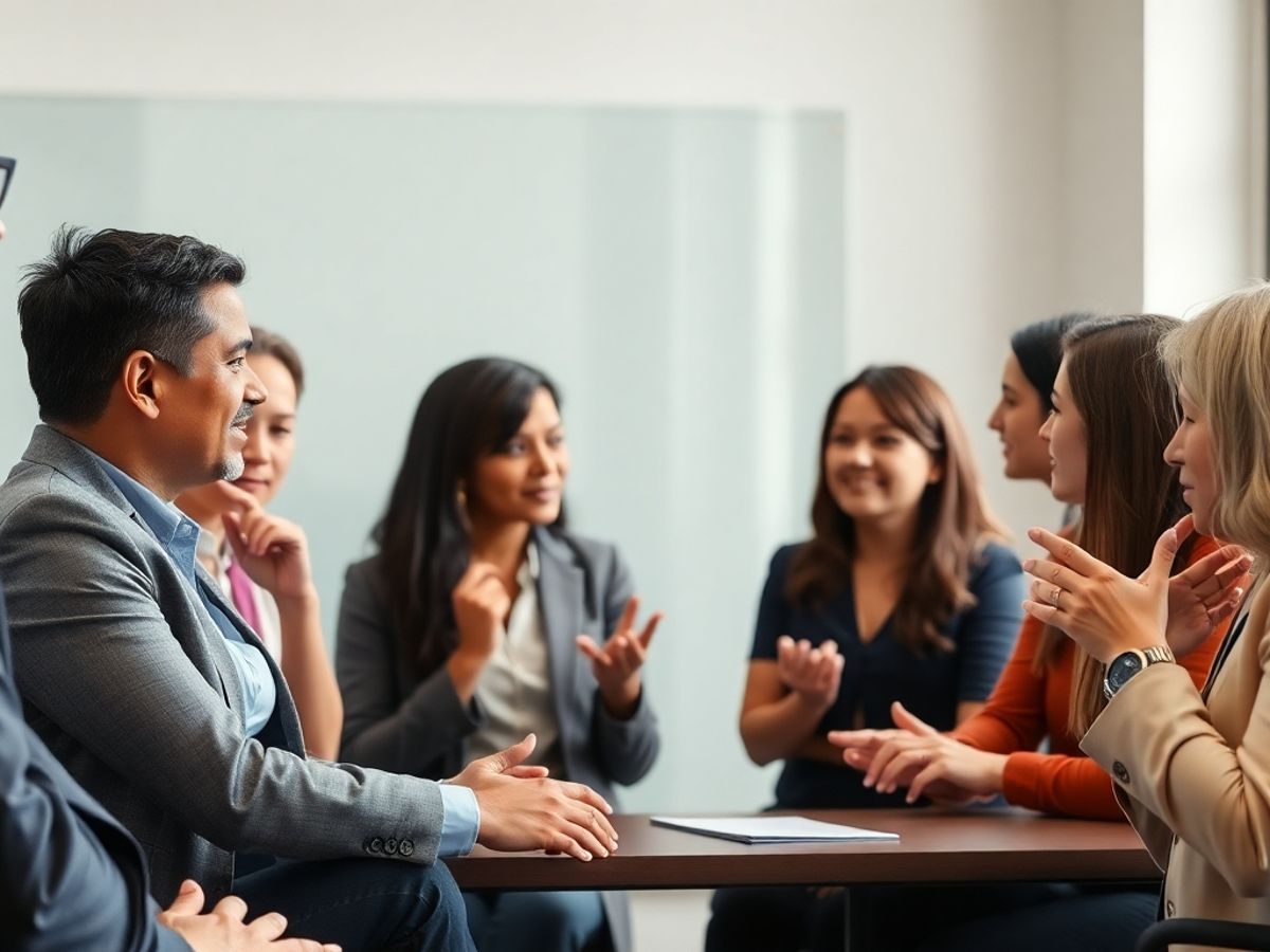 Grup divers discutând despre soluționarea conflictelor legale.