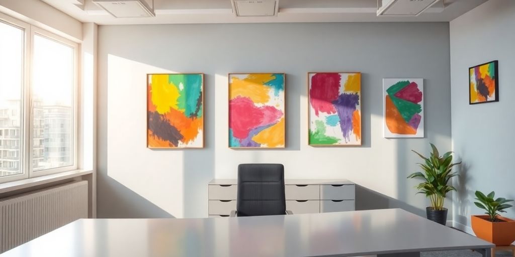Colorful, modern art hangs on office walls.