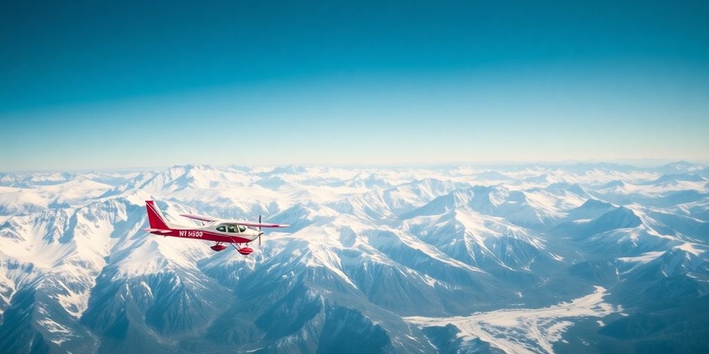 A small survey plane flies over snowy Alaskan mountains.