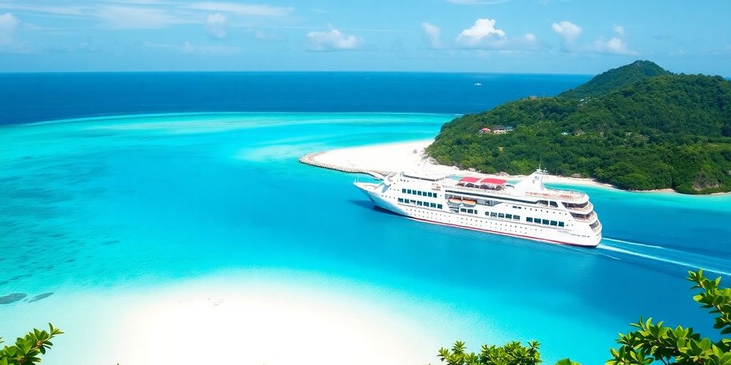 Tropical island with clear waters and cruise ship nearby.