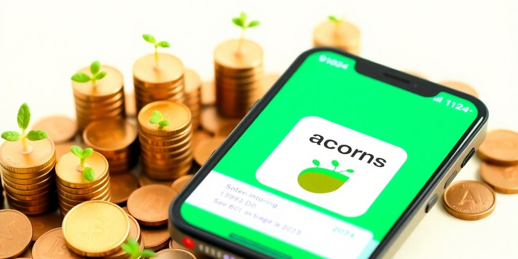 Acorns app on smartphone with coins and plants.