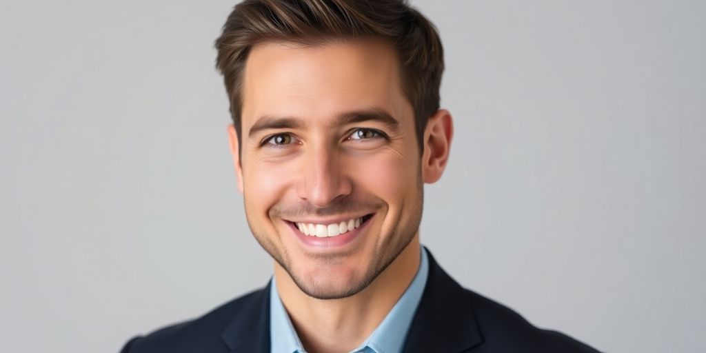 Professional, smiling man in suit, studio background.