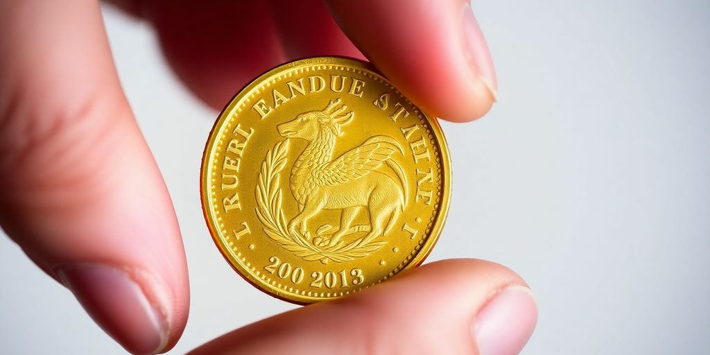 Personne tenant une pièce d'or Krugerrand.
