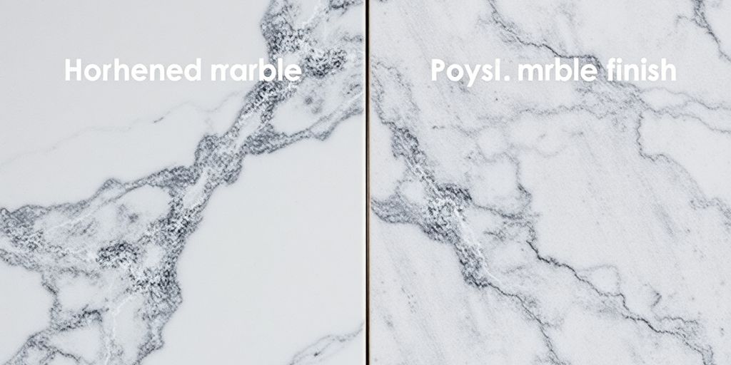 Honed and polished marble surfaces side-by-side.
