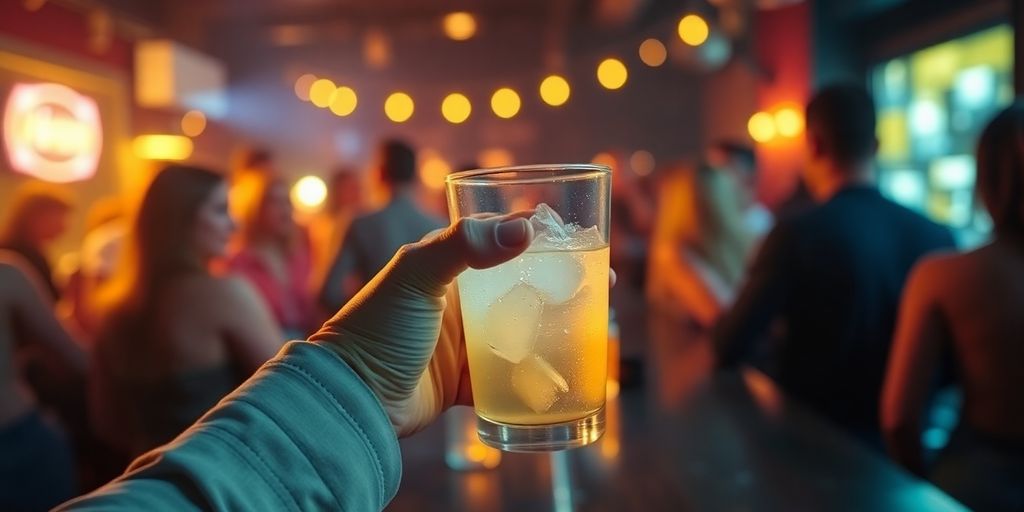 Person holding a drink in a lively bar setting.