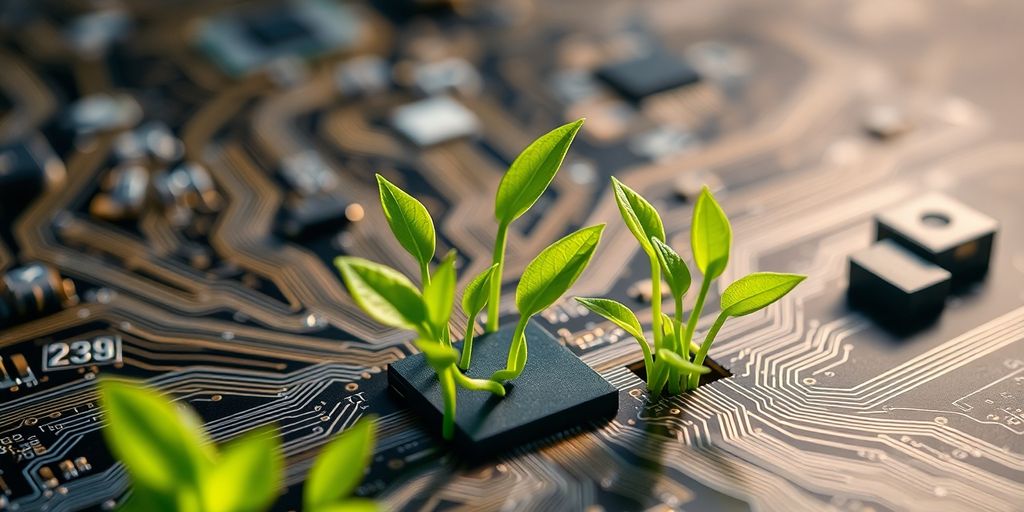 Green leaves grow from circuit board.