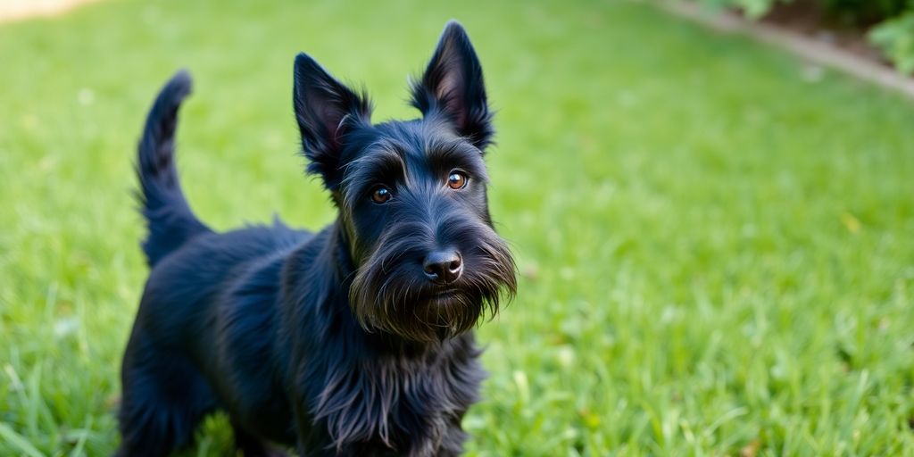Black Scottish Terrier stands on green grass.