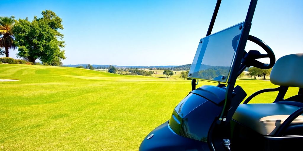 Voiturette de golf sur le terrain verdoyant d'un golf.