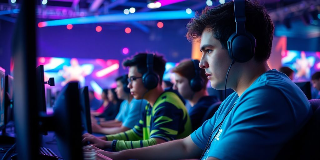Exciting esports tournament with intense players and vibrant atmosphere.