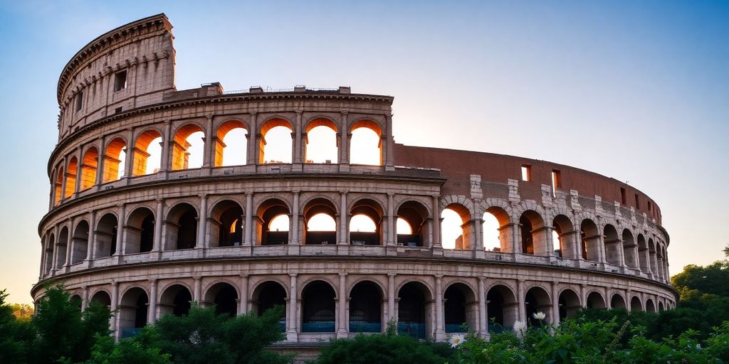 Colosseum in sunset light with blue sky.
