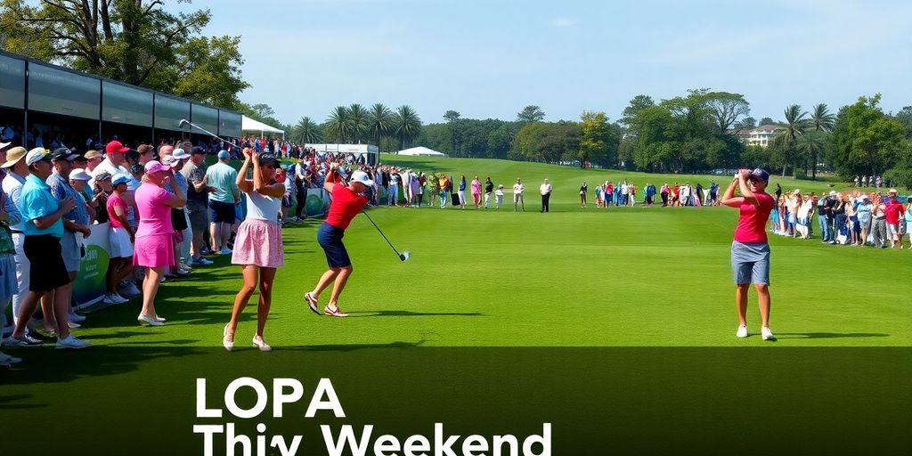 Golfers competing in an LPGA tournament on a sunny day.